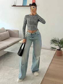 SHEIN EZwear 女士新款豹纹露背长袖修身T恤 豹纹露背上衣 露背衬衫 露背上衣 露背上衣 长袖短款上衣 女士休闲装 女士露背上衣 女士长袖上衣 - 彩色 - 查看 5