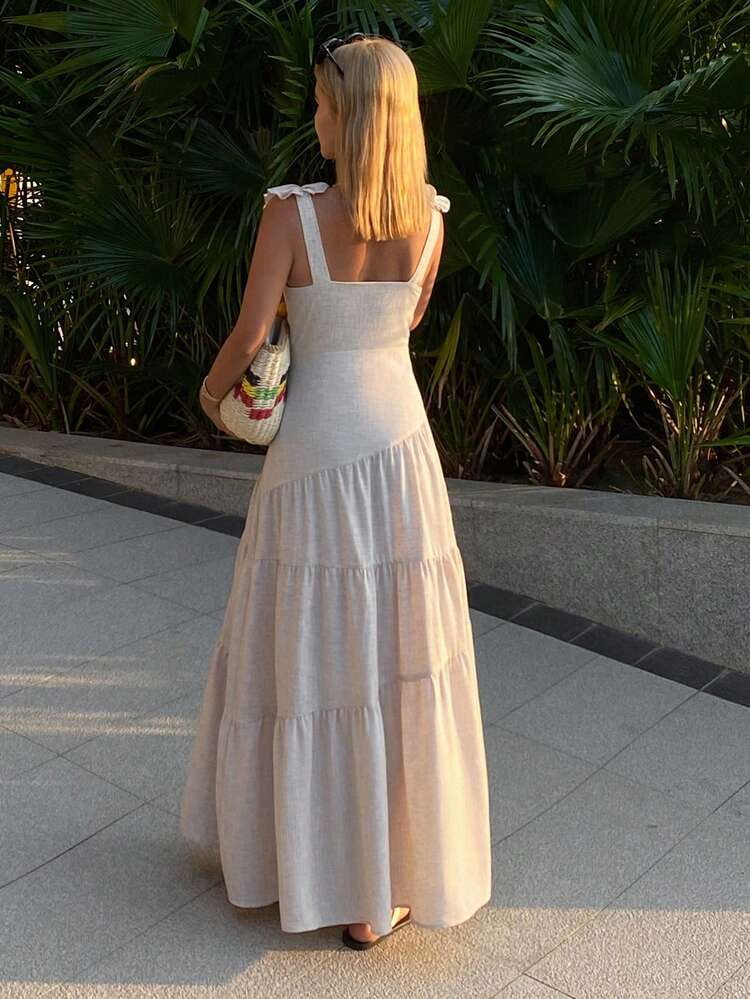 Women's Solid Color Ruffle Hem V-Neck Sleeveless Dress Summer
