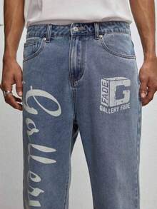 GALLERY FADE Men's Hip Hop Street Fashion Letter Print Washed Straight Leg Wide Jeans - Light Wash - View 6