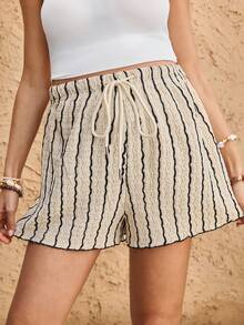 Boho Mama Maternity Striped Print Twist Casual Vacation Shorts - Apricot - View 4