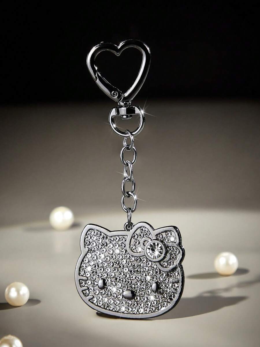 HELLO KITTY AND FRIENDS | SHEIN 时尚锌合金闪亮水钻钥匙扣，奢华精致包包挂饰、吊坠、纪念品、收藏品，可用于送礼、装饰钱包、书包、背包、汽车配件，黑色猫咪造型，心形挂钩 - 彩色 - 查看 1