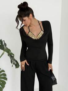 RiviMae 春季旅行、日常、派对、通勤针织拼接金色亮片露背二合一T恤 - 黑色 - 查看 2