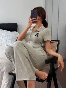Napfluff Collared Half-Zip A-Line Embroidered Short Sleeve Pants Women Pajama Set - Khaki - View 3