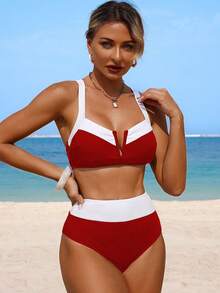 Swim Lushoire Bộ bikini nữ mùa hè, kiểu dáng thường ngày, cổ chữ V, phối màu đen trắng, thích hợp đi biển. - Đỏ - Xem 4