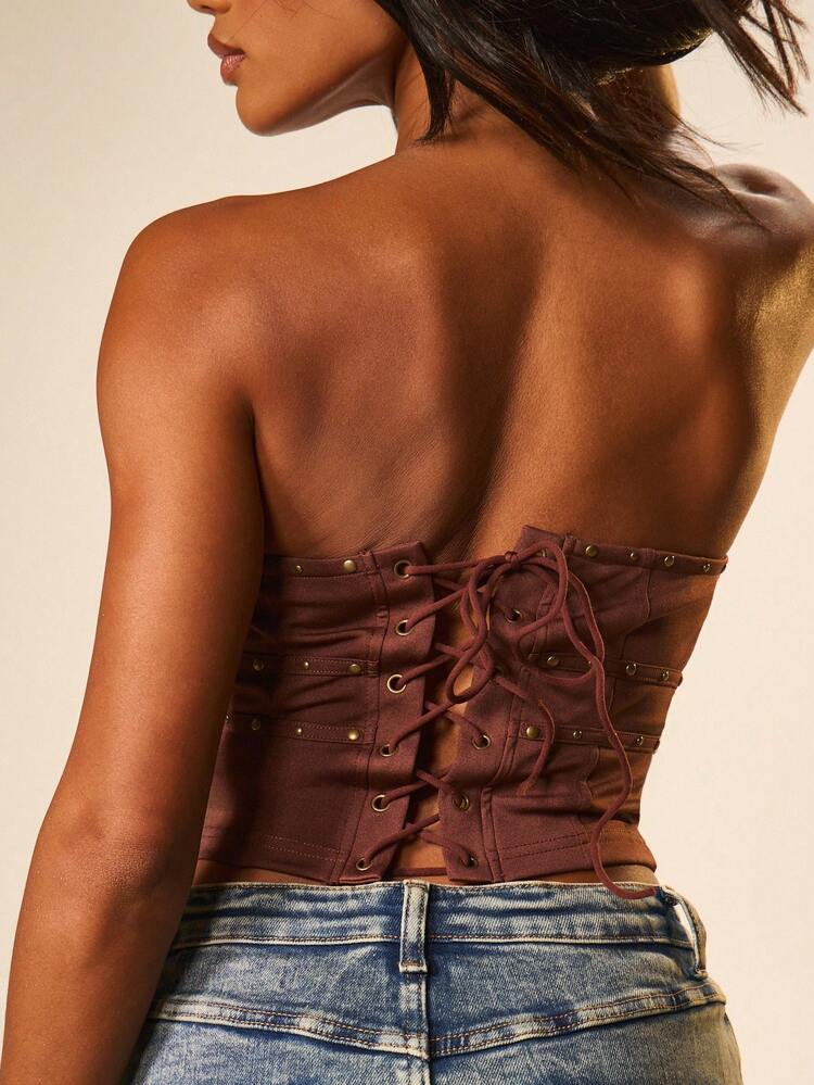 MISSGUIDED レースアップ コルセットトップ スタッズベルト付き フィッテッドシルエット イブニングデートナイト用 レディース