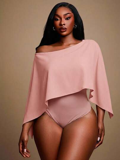 Radiana Plus Size Women's Elegant Sexy Daily Basic Apricot Solid Color Elegant Off Shoulder Batwing Cape Style Bodysuit