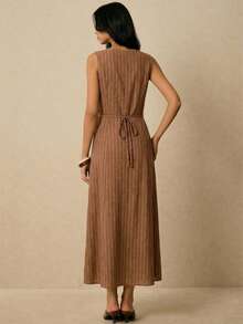 Poéselle Women's Casual Commuter Striped Front Button Sleeveless Dress, Summer - Brown - View 8