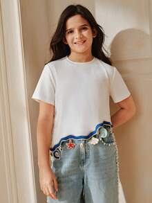 Anewsta Camiseta blanca casual con colgante de océano para niñas preadolescentes, primavera/verano - Beis - Ver 5