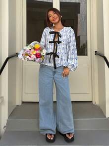 SHEIN EZwear Women's Casual Shell Print Lantern Sleeve Tie Front Shirt, Autumn - White - View 3