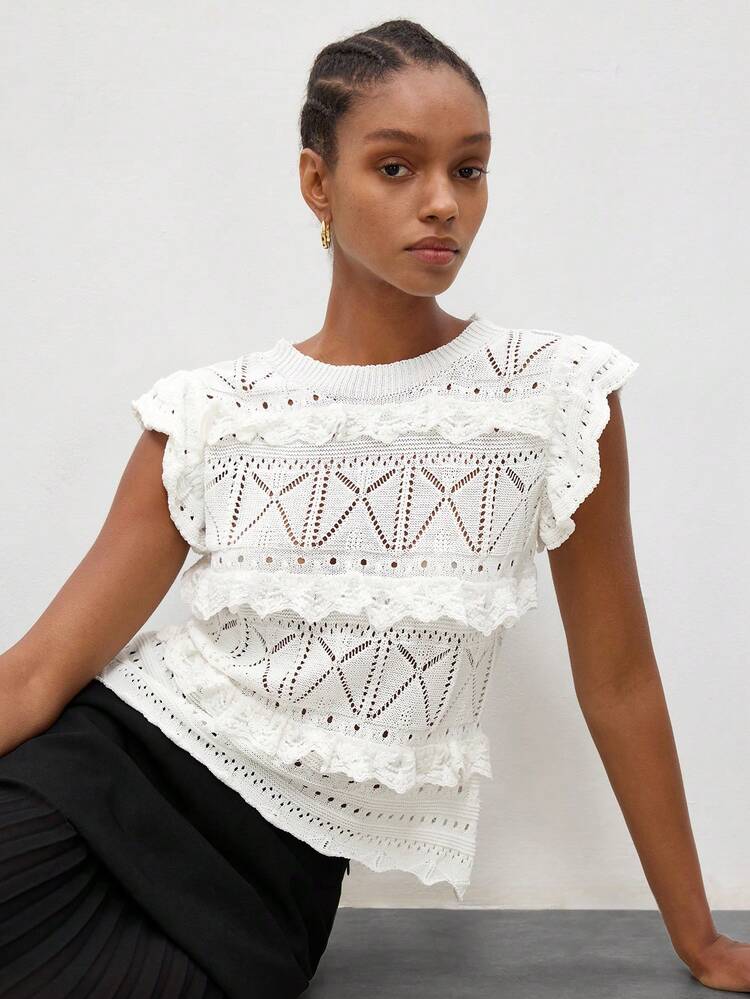 SHEIN Maija MAIJA Casual V-Neck Sleeveless Open Knit Crochet Trim Knit Top