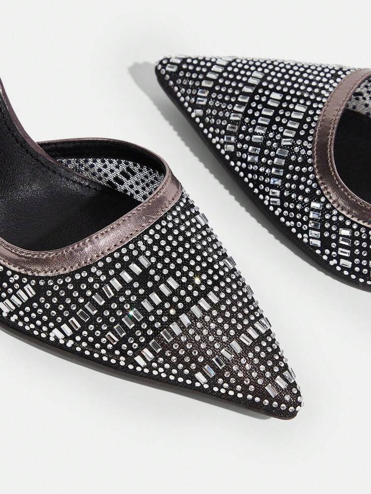 CUCCOO TILAWA Women's Pointed Toe High Heel Shoes, Rhinestone Decor Mesh Material, Fashion Comfortable Daily Party Wear Slip-On Backless Pumps