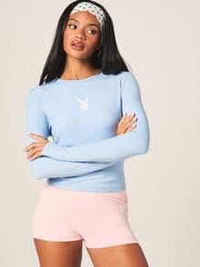 Missguided x Playboy Bunny Logo Light Blue Long Sleeve Fitted Crew Neck Sports Tee Athletic Activewear Top - Blue - View 1