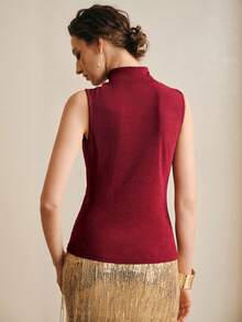 SHEIN LUNE Casual Women's Regular Length Sleeveless Top Featuring Stand Collar And Gold Button Front Tops For Women Elegant Classy High Neck Tops For Women - Red - View 3