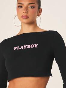Missguided x Playboy 长袖露肩短款上衣，后背系带设计，黑色露肩logo T恤，适合秋冬季休闲街头服饰。 - 黑色 - 查看 5