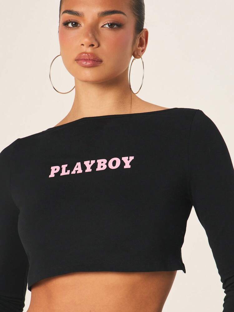 Missguided x Playboy Long Sleeve Crop Top With Tie Back Detail Black Off Shoulder Logo Tee For Fall Winter Casual Streetwear Fashion