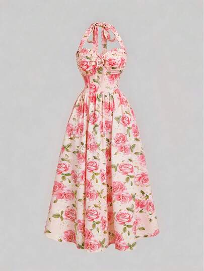 GlowEve Women's Floral Print Front Tie Elegant Halter Neck Dress