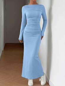 SHEIN EZwear Đầm dài tay xếp ly ôm sát người thanh lịch dành cho nữ, đầm tốt nghiệp màu xanh dương. - Màu xanh lam - Xem 6