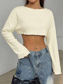 SHEIN EZwear 奶油黄性感竹纤维针织轻薄短袖防晒T恤，适合春夏穿着 - 米色 - 查看 3