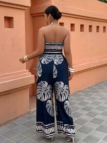 Breezaya Mono de verano con estampado de hojas azules, escote halter, uso casual de vacaciones, tallas grandes, primavera/verano - Multicolor - Ver 2