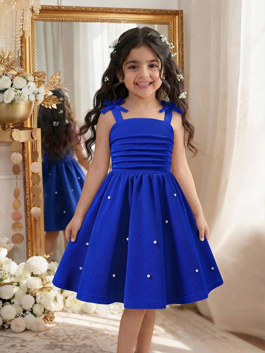 Sparklyn 女童无袖中长连衣裙,夏秋季新款,蚂蚁纹理面料,高弹力,蝴蝶结装饰,多层裙摆,串珠点缀,优雅适合派对、聚会、休闲穿着 - 寶藍色 - 查看 1