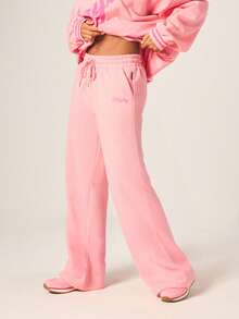 Missguided x Playboy Quần jogger ống rộng cạp cao màu hồng nhung, có logo chữ và lưng thun, thích hợp mặc ở nhà. - Màu Hồng  San hô - Xem 2