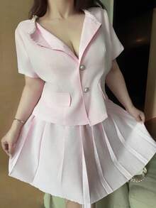 Vibekara Conjunto de 2 piezas de talla grande para mujer con blusa de cuello redondo y abotonadura sencilla de manga corta, y falda mini plisada de unicolor, elegante para citas y fiestas - Rosa - Ver 3