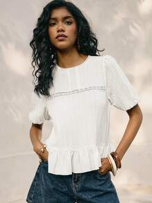 Poéselle White Round Neck Casual Versatile Puff Short Sleeve Top, Lace Hollow Out Summer Top, Lightweight Casual French-Style Top - White - View 7