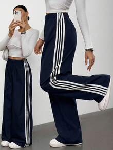 SHEIN Tall Pantalones de chándal casuales de mujer de punto azul marino, pantalones de chándal con franja lateral y parche - Azul Marino - Ver 1