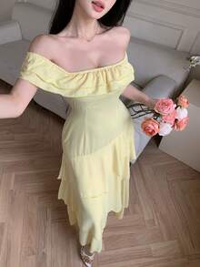 DAZY 女士优雅纯色露肩荷叶边中长连衣裙，夏季婚礼宾客礼服，女士长款连衣裙 - 淡黃色 - 查看 3