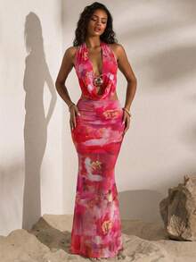 Opulessa Knitted Mesh Printed Dress For Women, Summer Spring Outfits, Beach Vacation Elegant Floral Print,Summer - Hot Pink - View 3