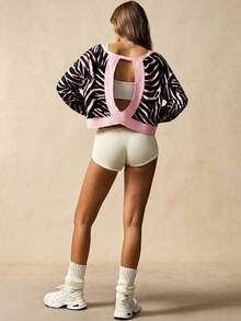 VARSIVA 斑马纹镂空露背短款运动T恤 - 藕粉色 - 查看 7