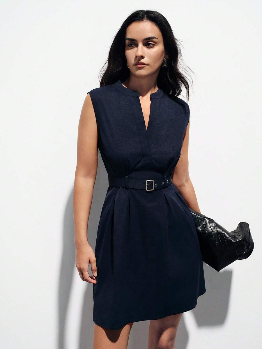 Aveloria Modichic Commuting Design, Waist Belt Decor, Fashionable V-Neck Pleated Sleeveless Casual Short Dress - Navy Blue - View 1