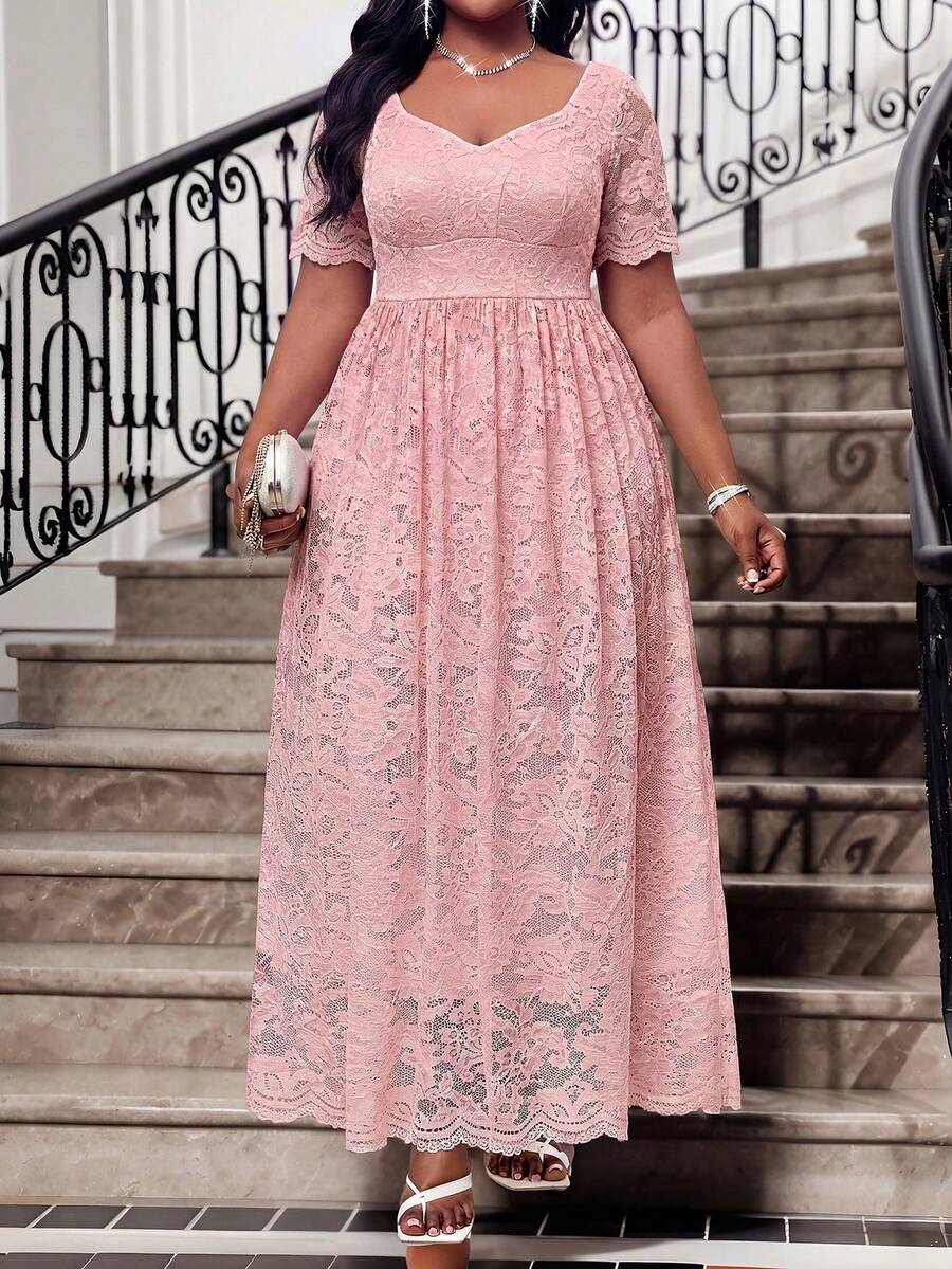 SHEIN Lady 大码优雅派对纯色纹理喇叭袖鱼尾连衣裙新年度假装优雅派对白色情人节正式礼服女士蕾丝连衣裙粉色连衣裙女士夏季连衣裙 - 粉色 - 查看 1