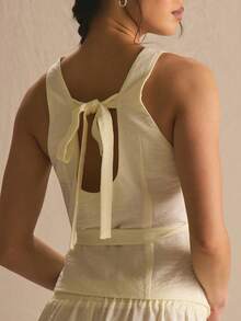 MUSERA Plunge Front Wrap Tie Waist Detail Co-Ord Top Only Spring Summer Cosy Cute Daily Girly Vacation Sunlight Social Easter Spring Summer - Light Yellow - View 2