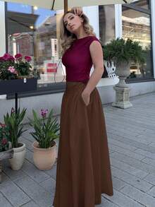 Jeta Ari 女士褶饰高腰 A 字型优雅正品口袋半身裙 - 棕色 - 查看 5