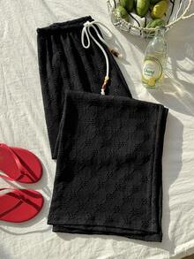 Comfortcana Pantalones anchos de pierna negros de jacquard de uso versátil y casual - Negro - Ver 3