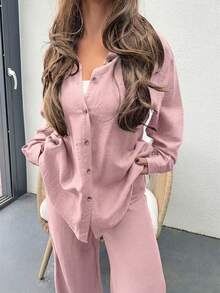 Jeta Ari Bộ đồ hai mảnh phong cách phương Tây, màu trơn, chất liệu giả denim và vải lanh, dáng rộng thoải mái, thích hợp cho kỳ nghỉ hè/thu/đông của nữ. - Hồng - Xem 3