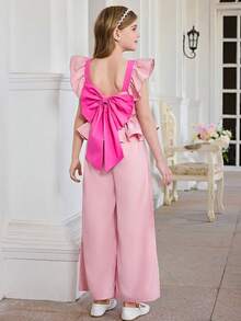 SHEIN 少女撞色蝴蝶结荷叶边阔腿连体裤 - 粉色 - 查看 12