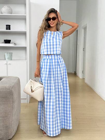 Easowa Women's Round Neck Sleeveless Plaid Casual Summer 2 Pieces Set Women's Stylish Blue Plaid Flowy A Line Maxi Skirt 2pcs  For Summer Casual Outfits  Summer Outfits Spring Outfit Women Easter   2pcs   Beach Vacation Outfits For Women Birthday Outfits For Women Summer Holiday Outfits  Blue  2pcs Gingham Set Plaid Two Piece Set Two Piece Set Women 2 Piece Casual Sets Woman Summer 2 Piece Sets Woman Vacation Outfits Women