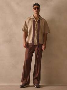 Musero Oversized Boxy Short Sleeve Revere Collar Dropped Shoulder Top Contrast Trim Style Button Through Shirt Spring Summer Essentials - Brown - View 1