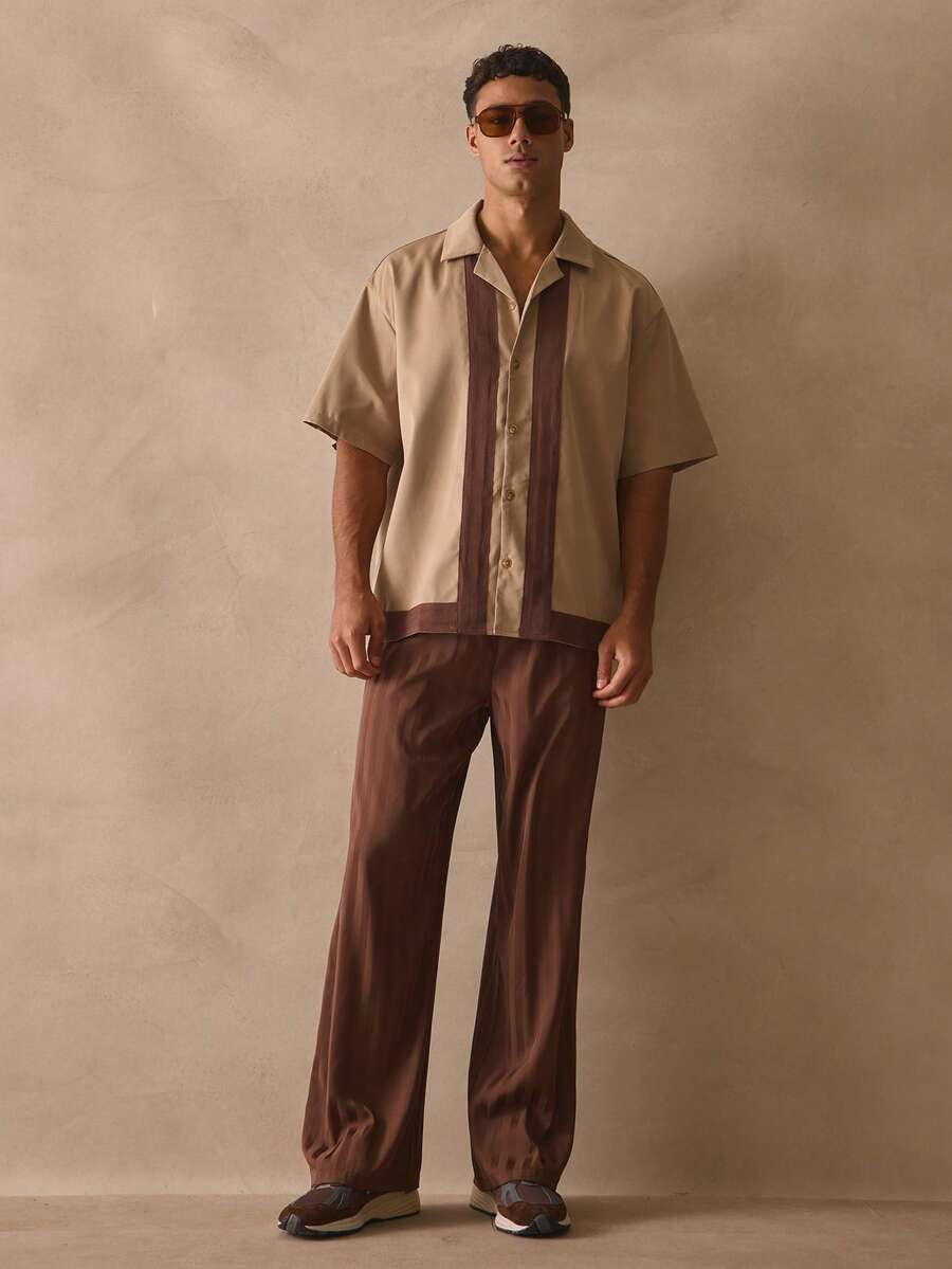 Musero Oversized Boxy Short Sleeve Revere Collar Dropped Shoulder Top Contrast Trim Style Button Through Shirt Spring Summer Essentials - Brown - View 1