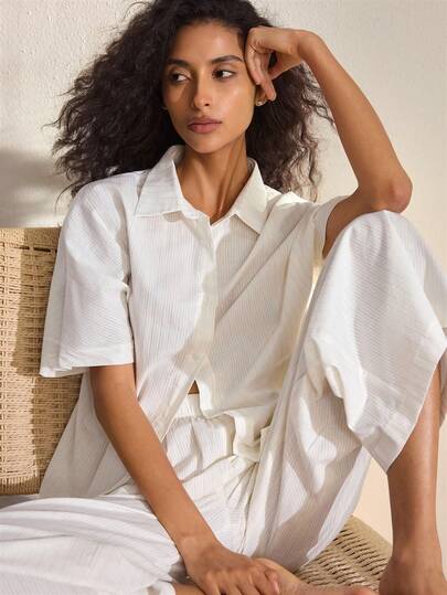 Ocili 100%纯棉金色条纹天然舒适无弹提花梭织面料女士长袖长裤睡衣套装