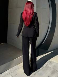 Bearsaez 女士优雅单排扣缺口翻领西装外套和裤子套装秋冬女装办公室服装 - 黑色 - 查看 2