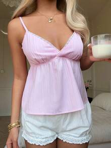 CovetEZ Women's Striped Print Lace Patchwork Casual Camisole Top - Pink - View 3