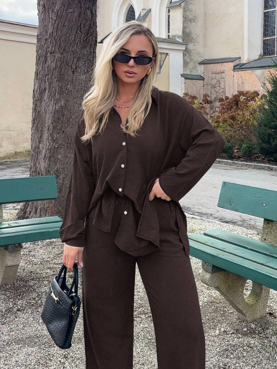 Jeta Ari Bộ đồ hai mảnh nữ Chia Nút phía trước màu trơn Giải trí - Cà phê nâu - Xem 1