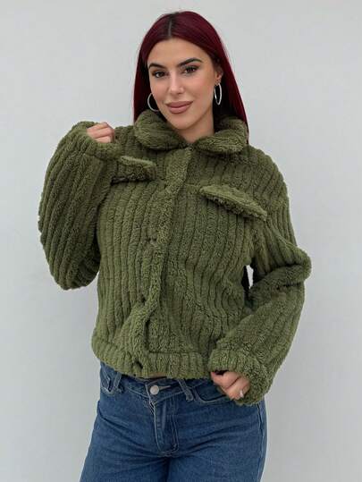 Bearsaez Chaqueta casual de manga larga, de un solo botonadura, de color liso y esponjosa, para mujer, apta para otoño/invierno