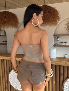 EgrlEra Women's Sexy Hollow Sheer Blouse, Rhinestone Sparkling Material, Suitable For Music Festival, Carnival Party Tube Tops Y2k Sexy Birthday Outfit Gold Sequin Top Sexy Club Outfit Party Outfit For Women Club - Champagne - View 2