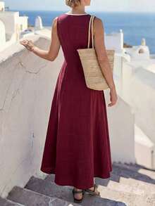 Breezaya Women's Sleeveless Contrast Trim Minimalist Design Long Dress, Summer - Burgundy - View 2