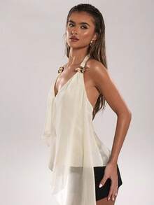 SHEIN BAE 女士休闲度假雪纺吊带金属装饰露背不对称下摆吊带背心，度假吊带背心，休闲吊带背心，沙滩度假吊带背心，沙滩度假，黄色雪纺金属吊带背心 - 淡黃色 - 查看 7