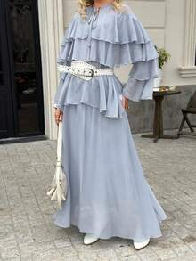 Livesso 女士休闲宽松荷叶边上衣和半裙两件套，适合夏季、春季、度假、婚礼、毕业典礼、复活节等场合。 - 霧霾藍 - 查看 3